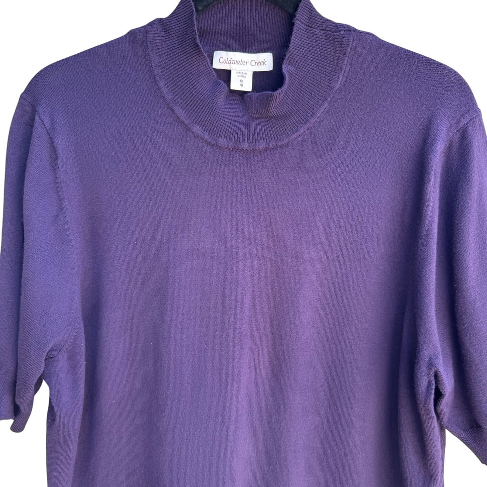 Coldwater Creek Womens Purple Mock Neck Stretch Short Sleeve Sweater Blouse  1X