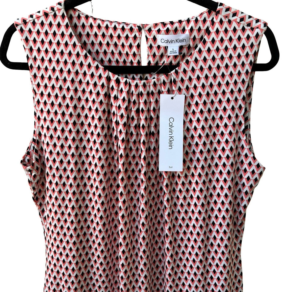 Calvin Klein Professional Mod Career Geometric Pleated Sleeveless Blouse L NEW