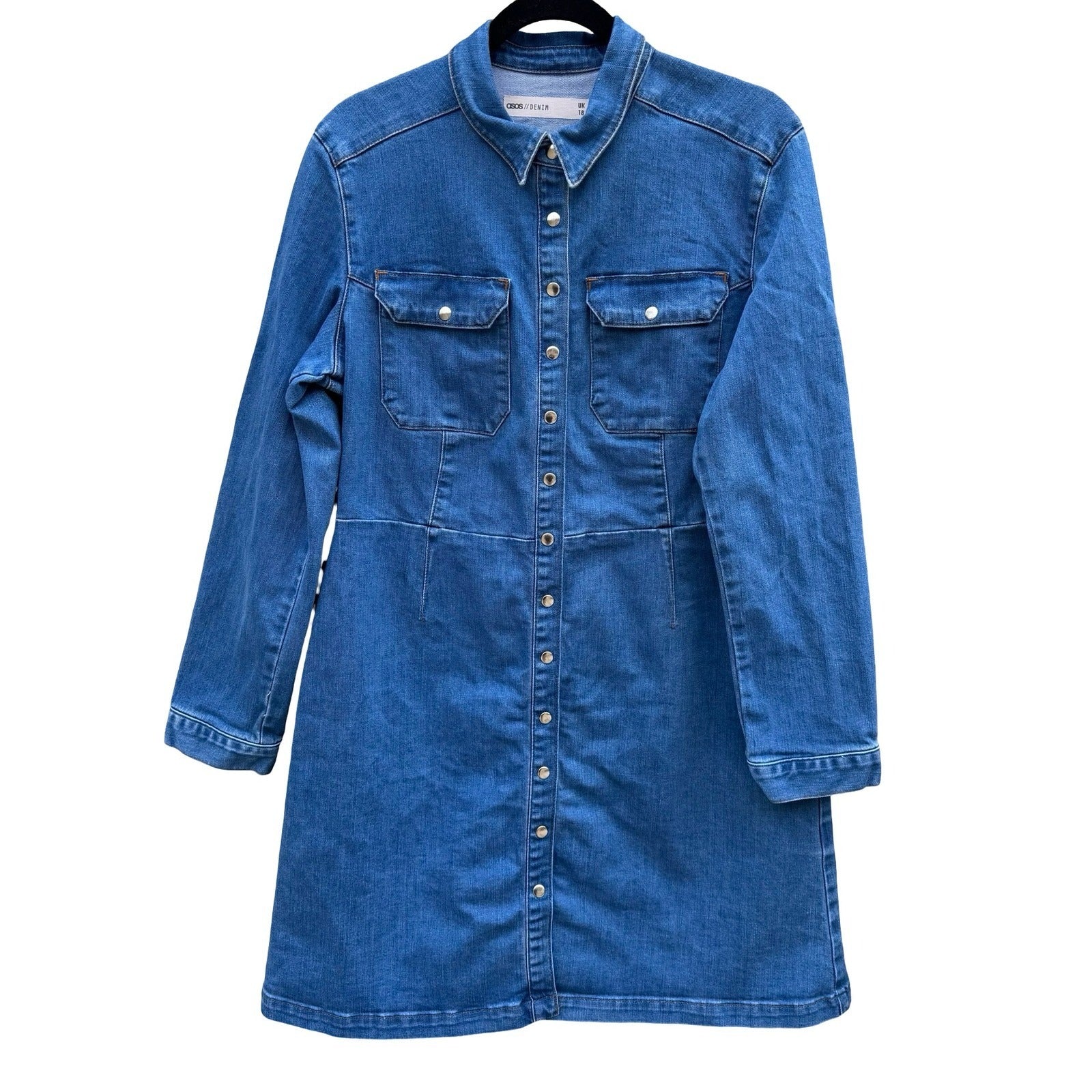 ASOS Denim Blue Snap Front Long Sleeve Western Mini Shirt Dress 14 Cowgirl Indie