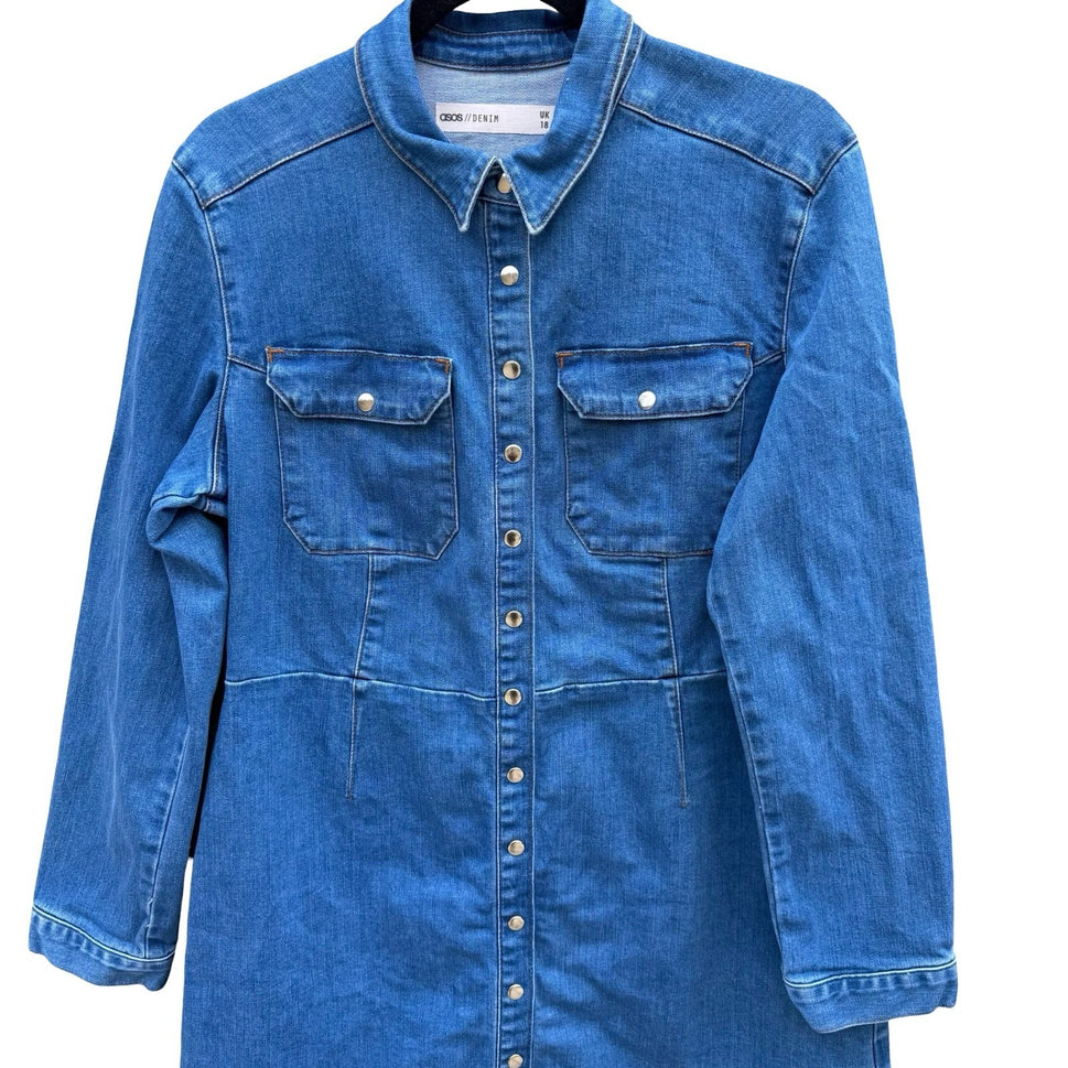 ASOS Denim Blue Snap Front Long Sleeve Western Mini Shirt Dress 14 Cowgirl Indie