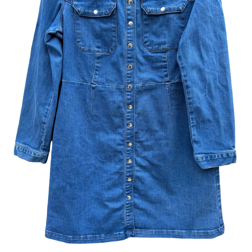 ASOS Denim Blue Snap Front Long Sleeve Western Mini Shirt Dress 14 Cowgirl Indie