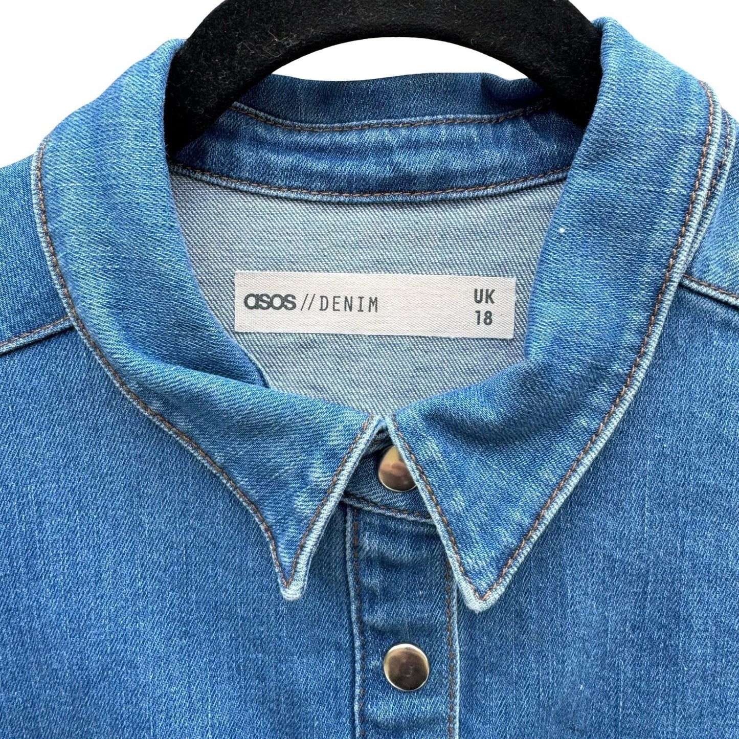 ASOS Denim Blue Snap Front Long Sleeve Western Mini Shirt Dress 14 Cowgirl Indie