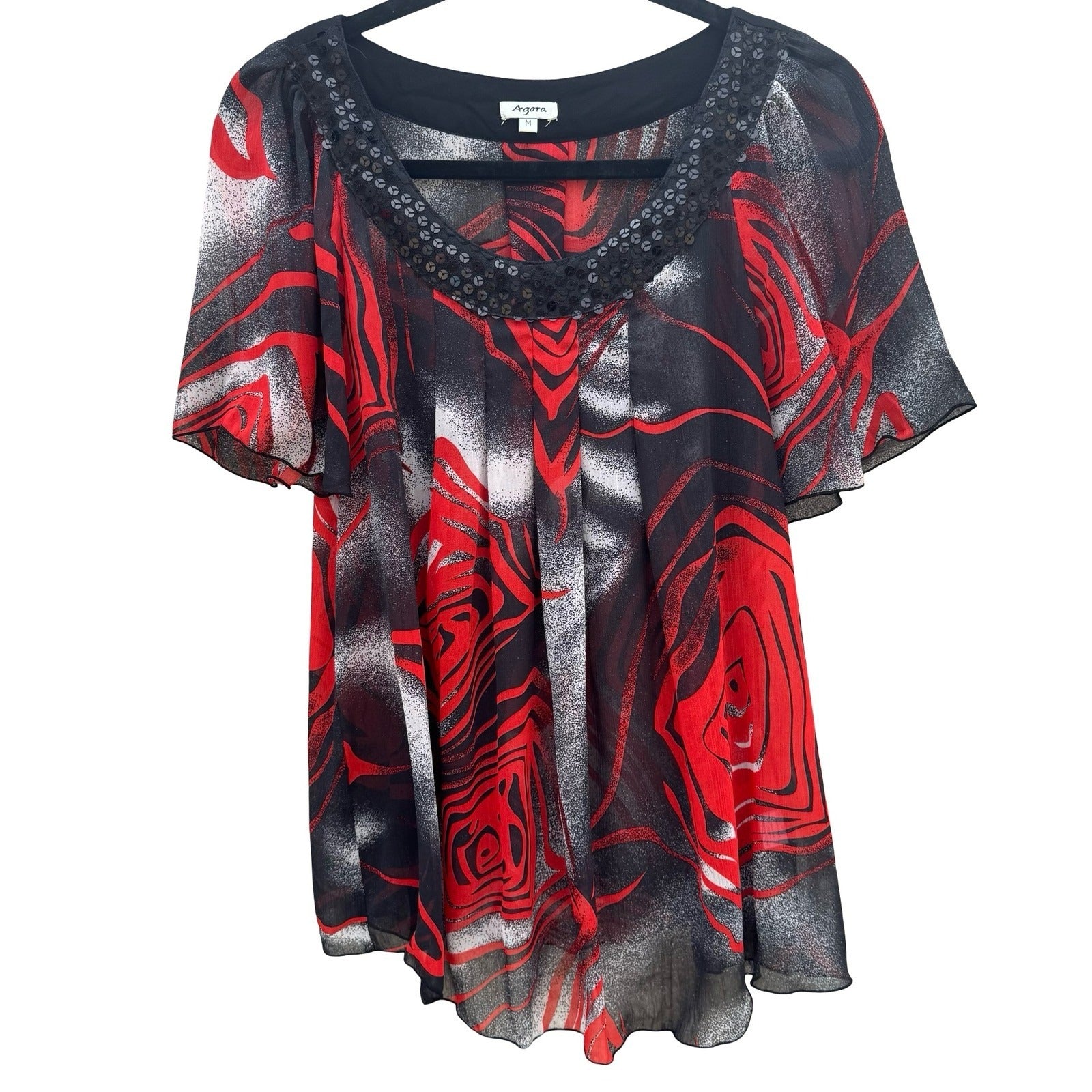 Agora Womens Red Black Abstract Floral Sequin Scoop Neck Chiffon Sheer Blouse M