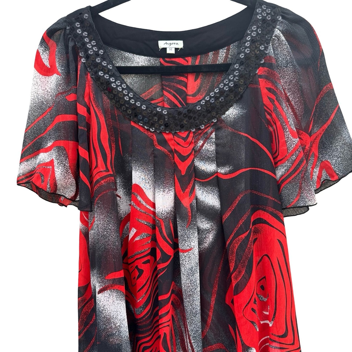 Agora Womens Red Black Abstract Floral Sequin Scoop Neck Chiffon Sheer Blouse M