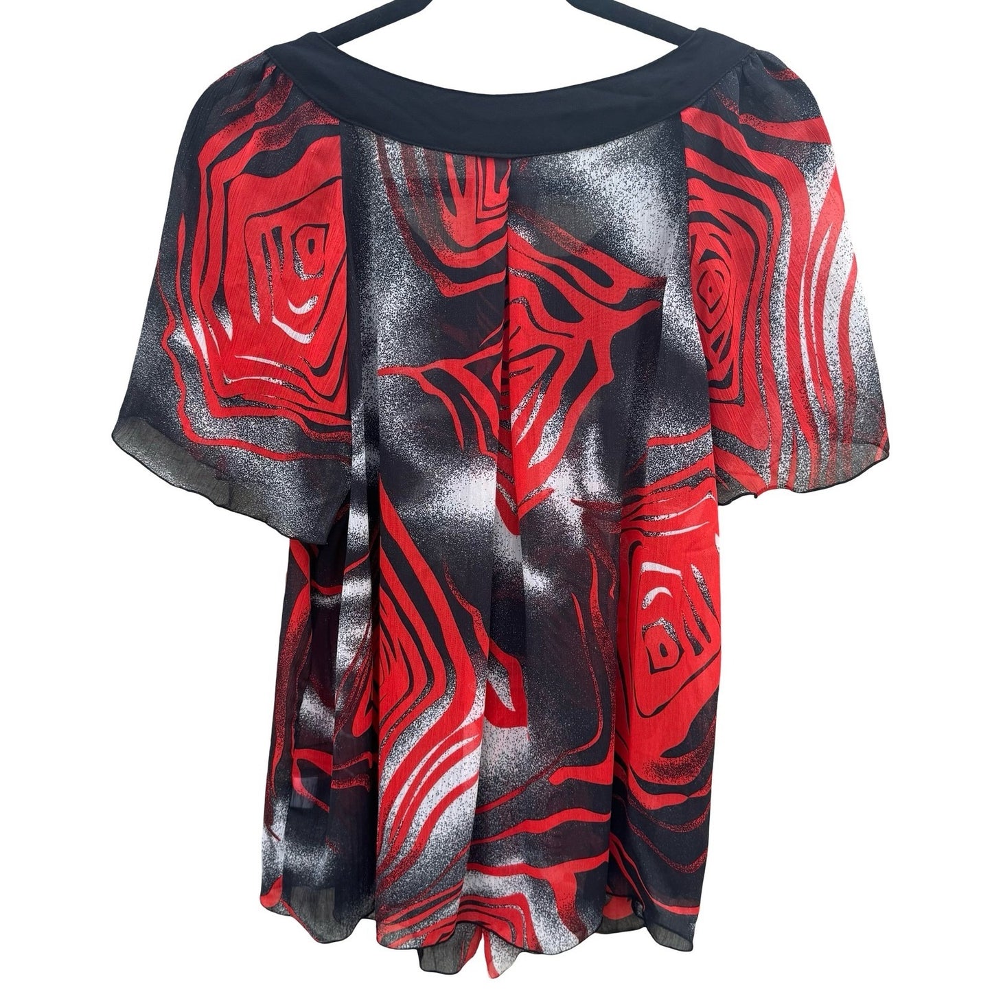Agora Womens Red Black Abstract Floral Sequin Scoop Neck Chiffon Sheer Blouse M