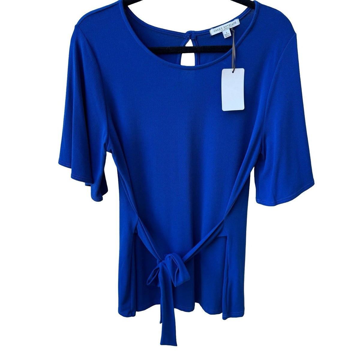 Green Envelope Minimalist Career Tie Flutter Sleeve Blouse Royal Blue L NEW