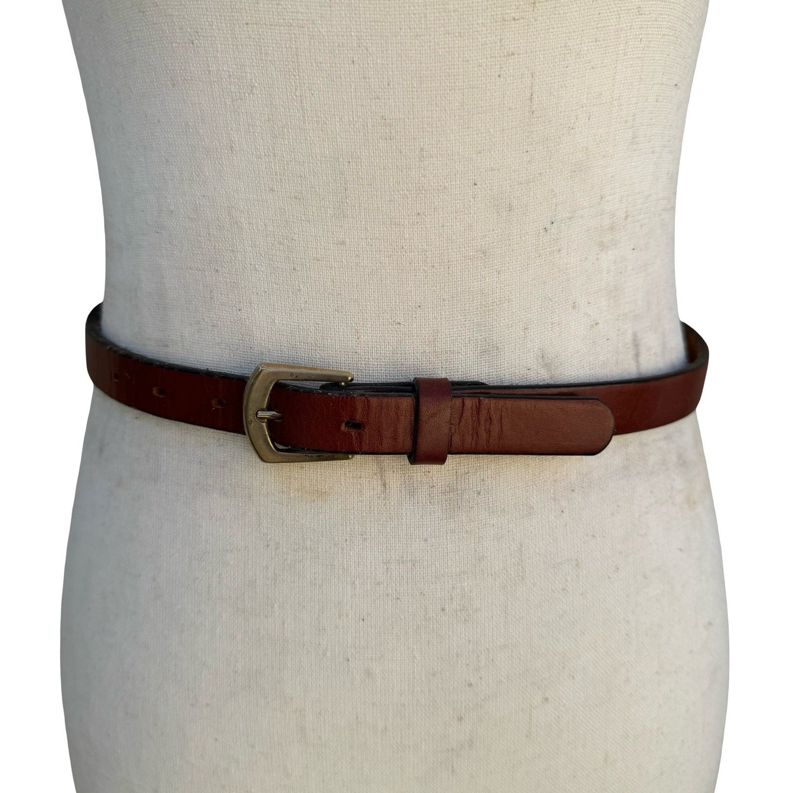 Lyntone Vintage Brown Top Grain Cowhide Leather Skinny Belt Brass Buckle Size 32