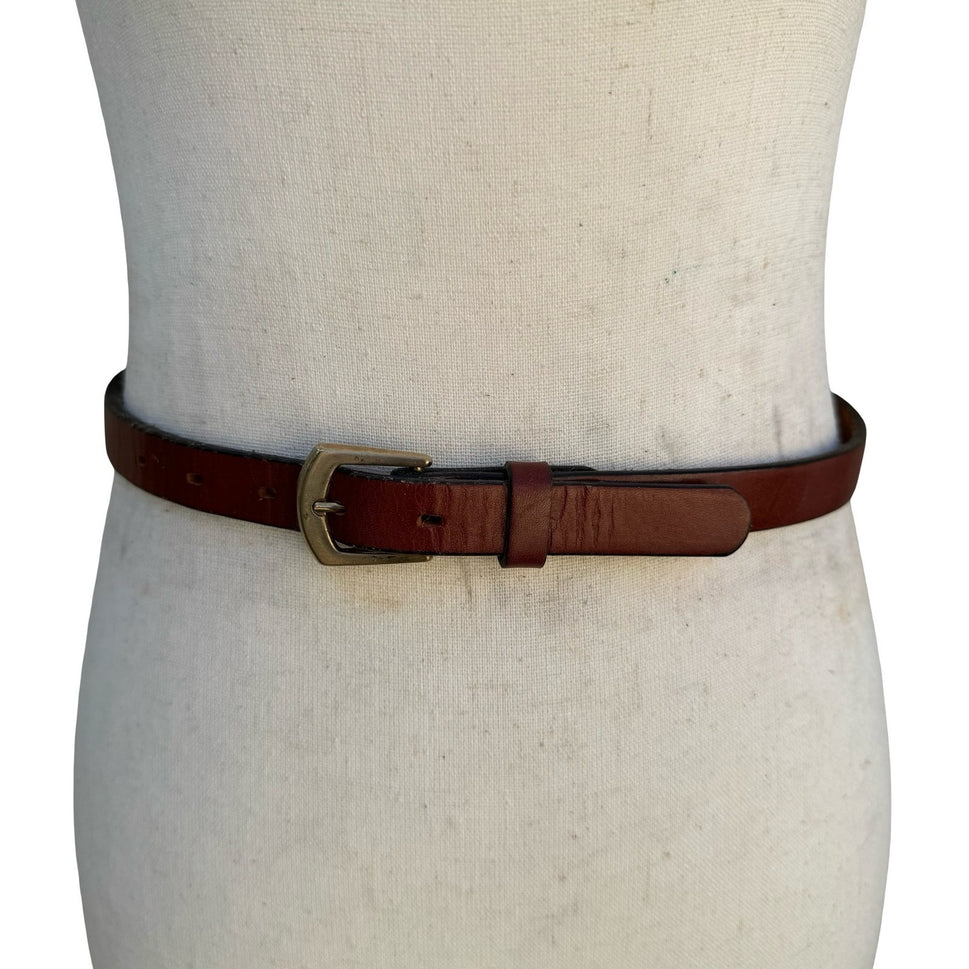 Lyntone Vintage Brown Top Grain Cowhide Leather Skinny Belt Brass Buckle Size 32