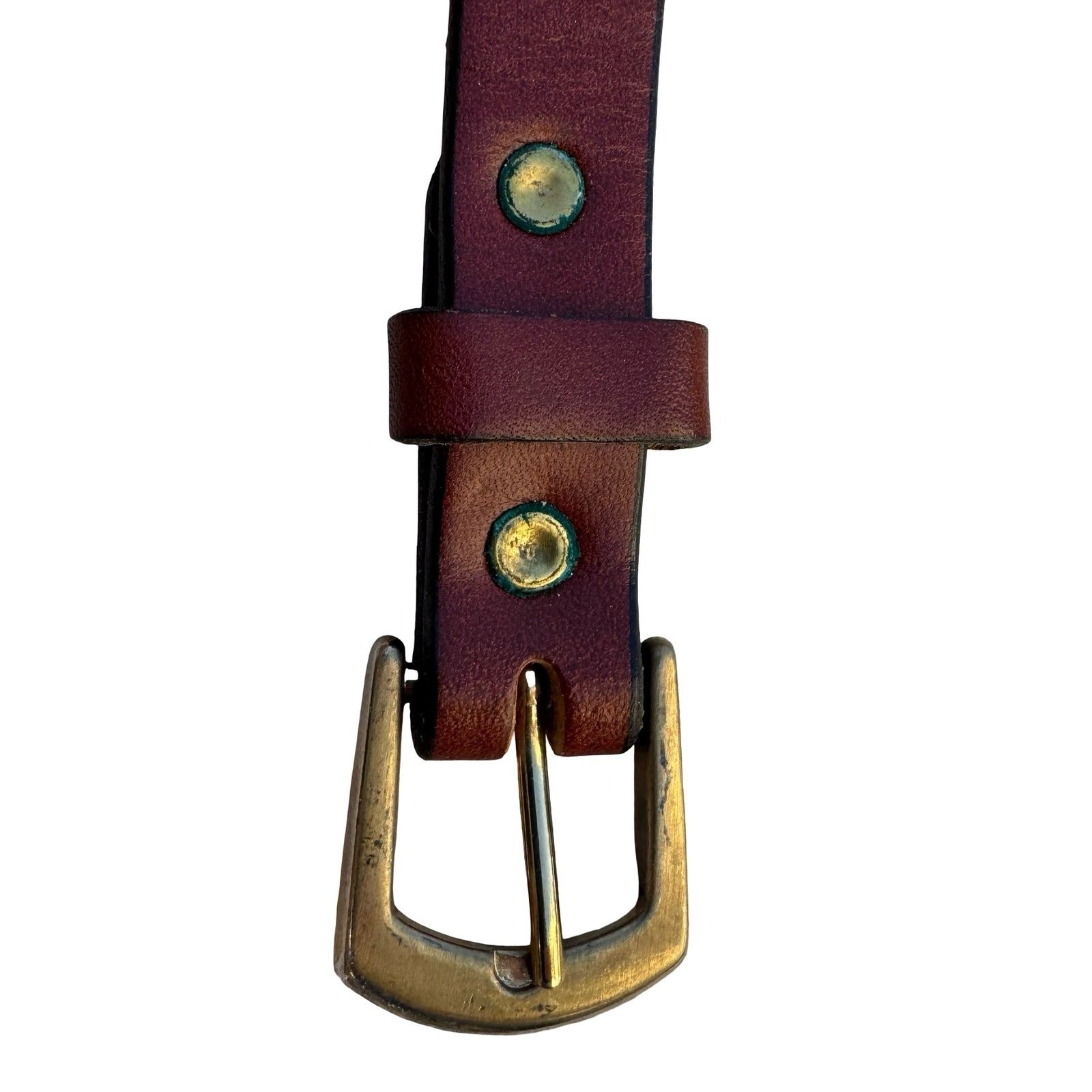 Lyntone Vintage Brown Top Grain Cowhide Leather Skinny Belt Brass Buckle Size 32