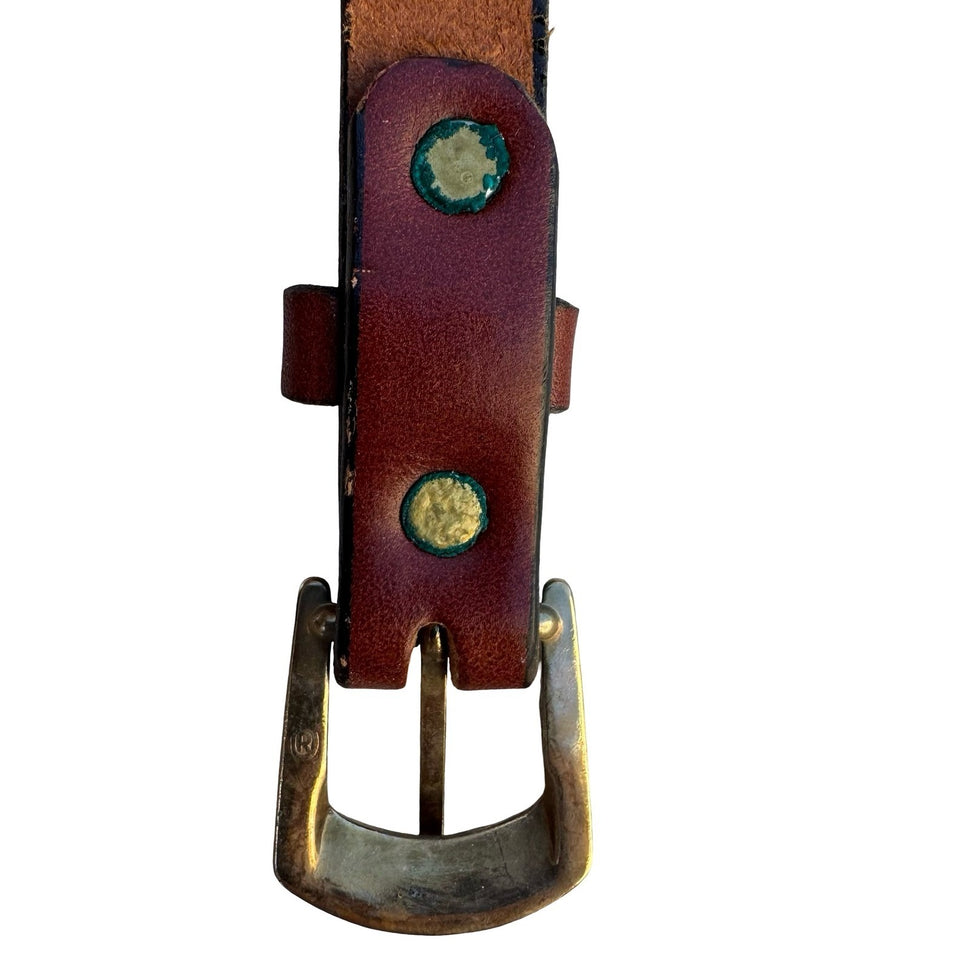 Lyntone Vintage Brown Top Grain Cowhide Leather Skinny Belt Brass Buckle Size 32