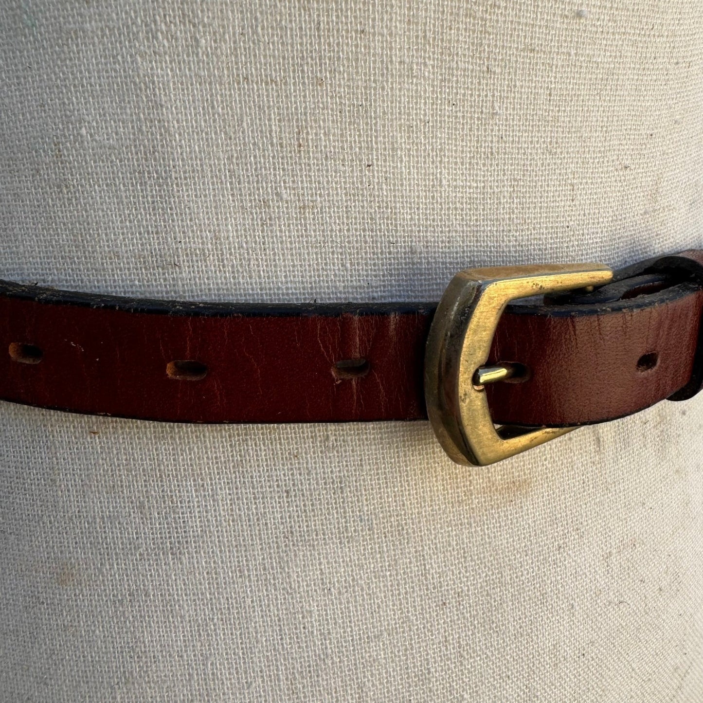 Lyntone Vintage Brown Top Grain Cowhide Leather Skinny Belt Brass Buckle Size 32