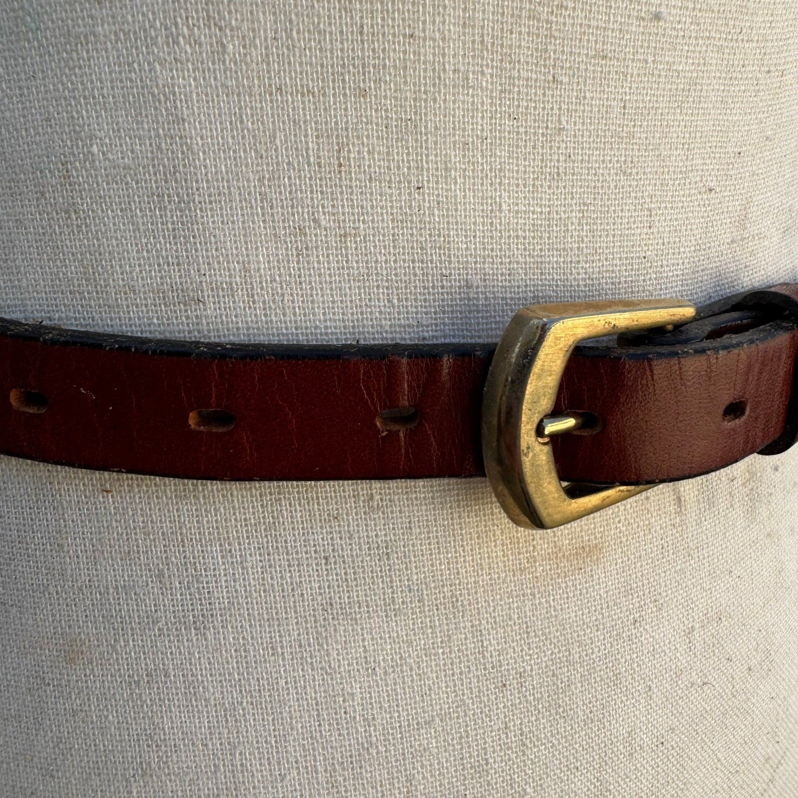 Lyntone Vintage Brown Top Grain Cowhide Leather Skinny Belt Brass Buckle Size 32