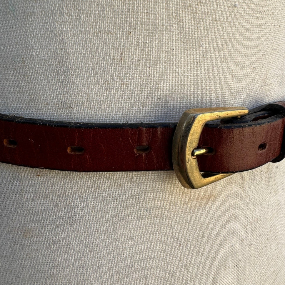 Lyntone Vintage Brown Top Grain Cowhide Leather Skinny Belt Brass Buckle Size 32