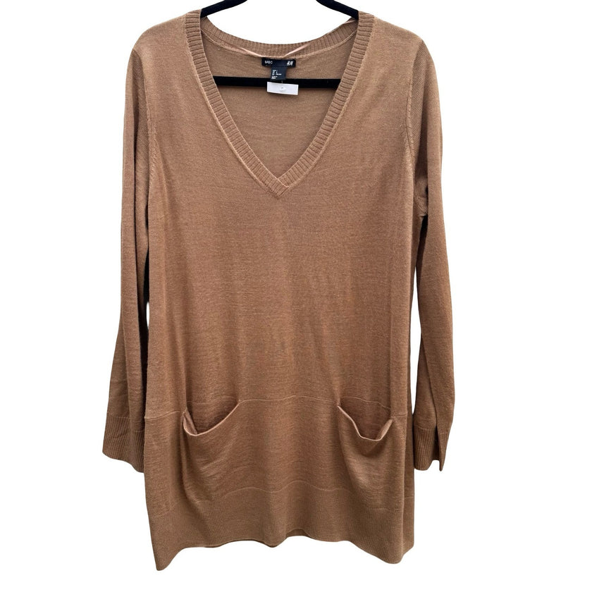 HM Minimalist Layering Longline Tunic Sweater Wool Blend Pockets Camel Womens L