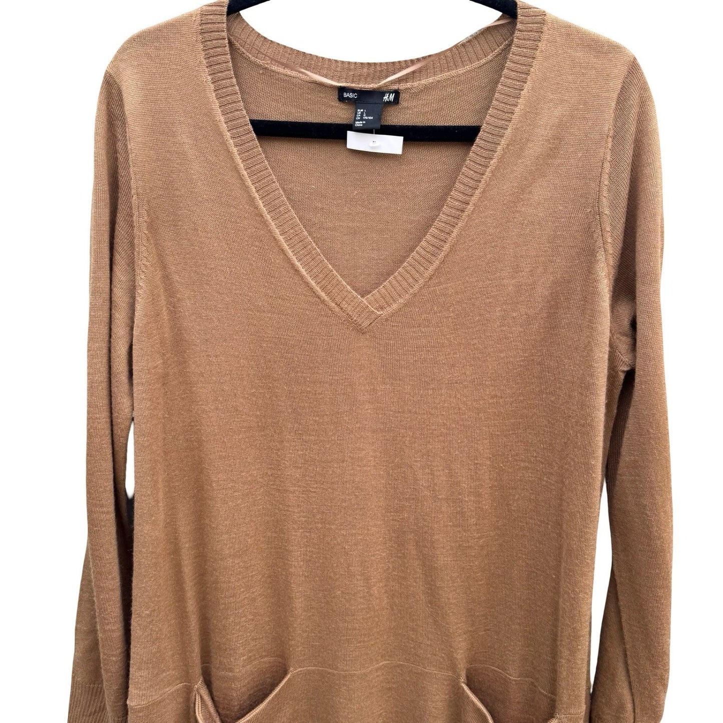 HM Minimalist Layering Longline Tunic Sweater Wool Blend Pockets Camel Womens L