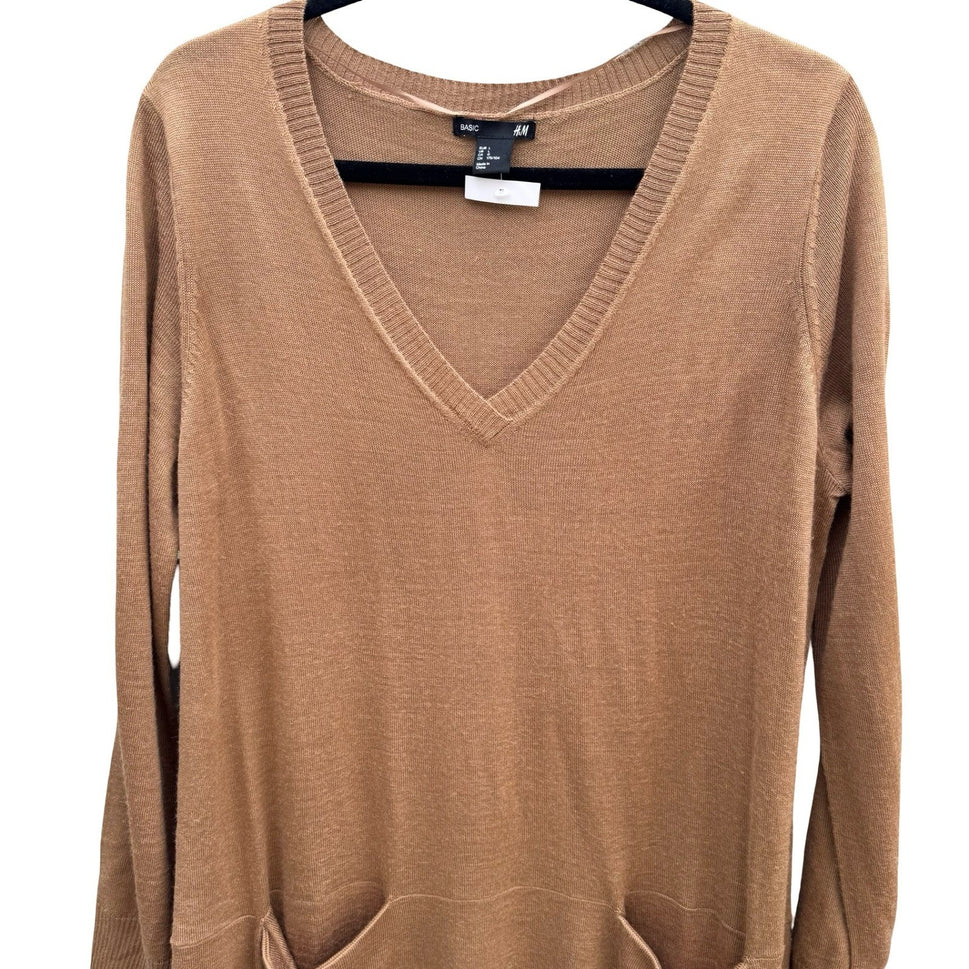 HM Minimalist Layering Longline Tunic Sweater Wool Blend Pockets Camel Womens L