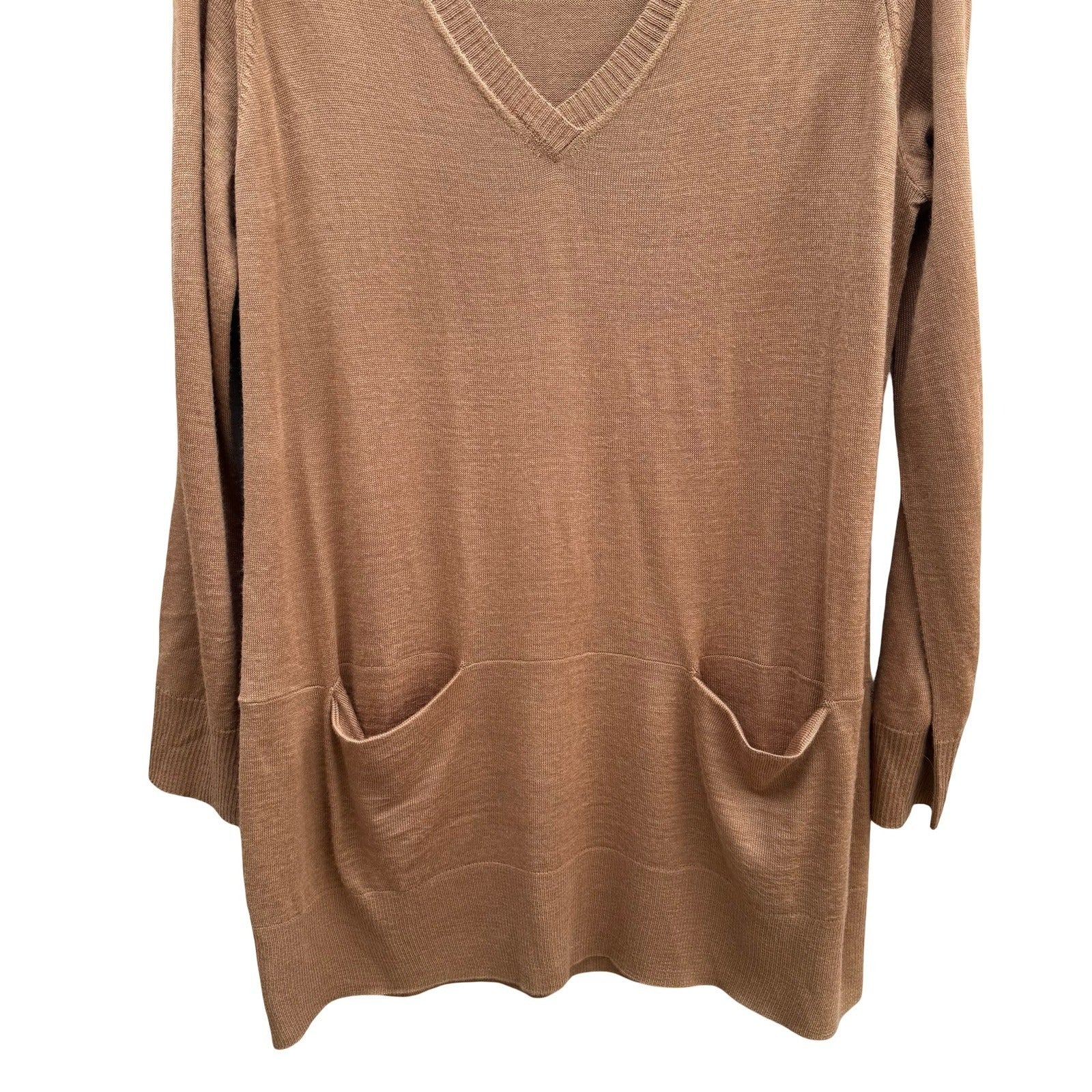 HM Minimalist Layering Longline Tunic Sweater Wool Blend Pockets Camel Womens L