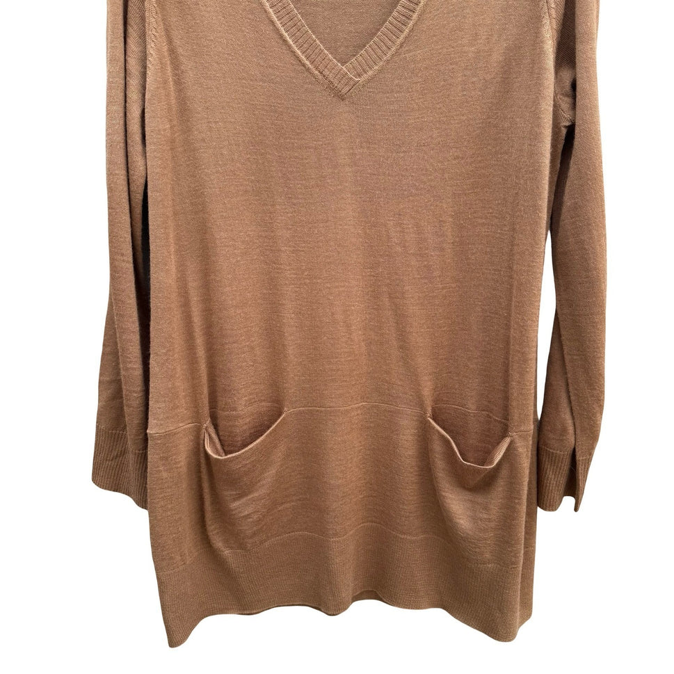 HM Minimalist Layering Longline Tunic Sweater Wool Blend Pockets Camel Womens L