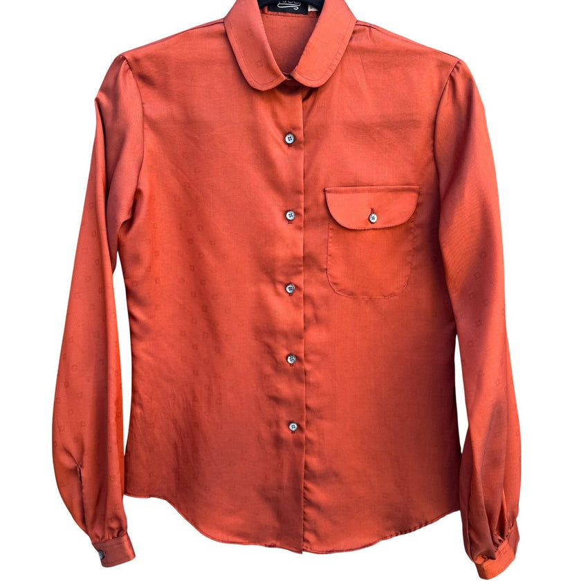 Tucci Vintage Burnt Orange Jacquard Peter Pan Collar Blouse Long Sleeve Top 7/8