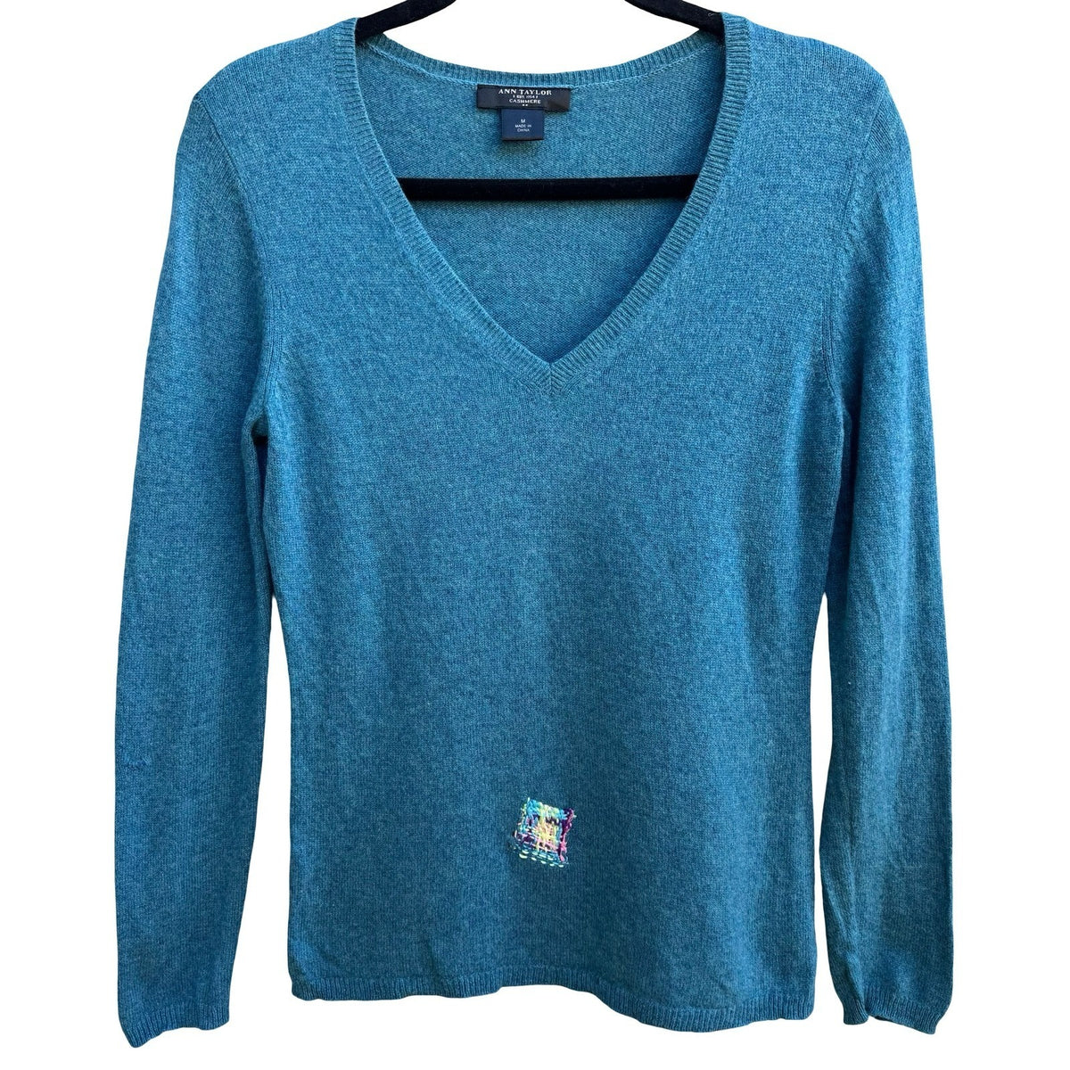 Ann Taylor Upcycled Cashmere V-Neck Sweater Visible Mending Patch Sweater Teal M