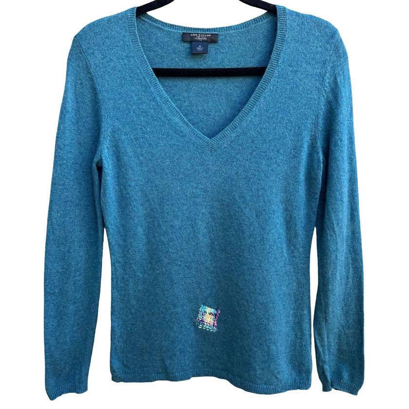Ann Taylor Upcycled Cashmere V-Neck Sweater Visible Mending Patch Sweater Teal M