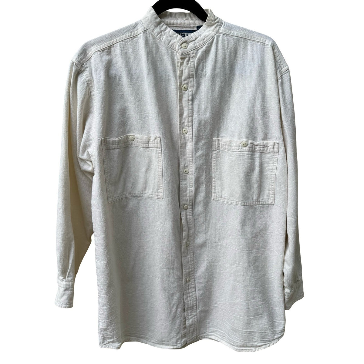 Cactus Clothing Vintage Coastal Textured Cotton Band Collar Shirt Cream Mens S
