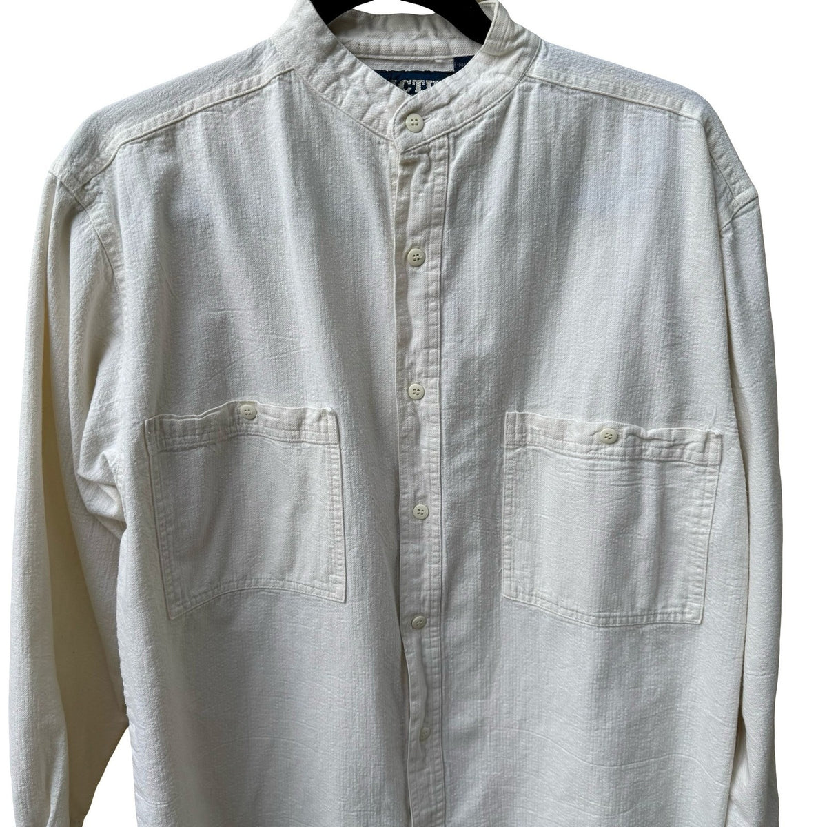 Cactus Clothing Vintage Coastal Textured Cotton Band Collar Shirt Cream Mens S