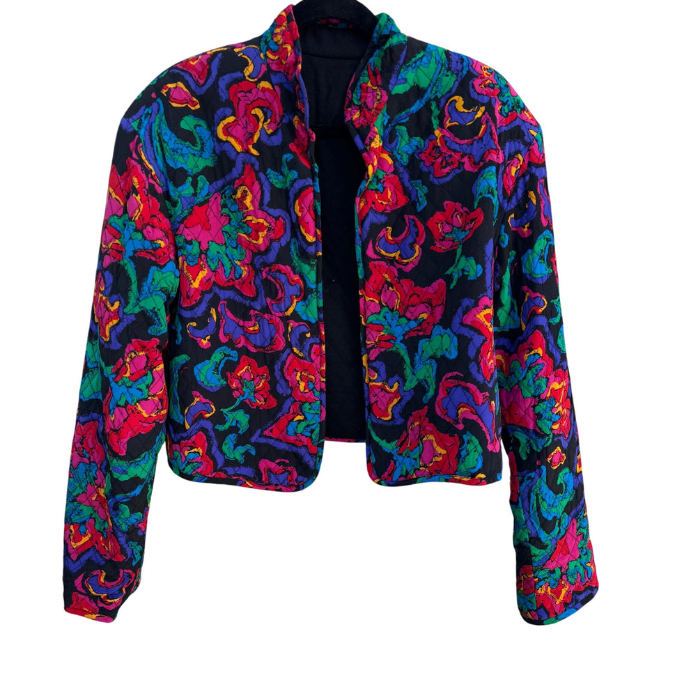 Vintage 80s 90s Womens Quilted Floral Watercolor Red Cropped Open Front Jacket