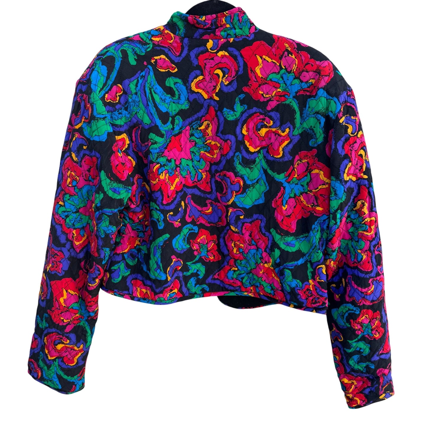 Vintage 80s 90s Womens Quilted Floral Watercolor Red Cropped Open Front Jacket