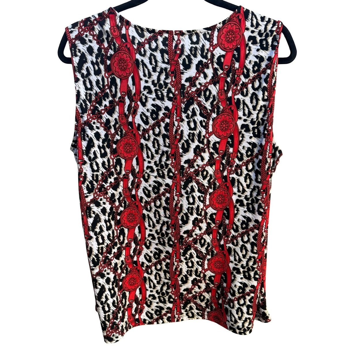 Kasper Animal Chain Print Careerwear Pleated Sleeveless Blouse Red Tan Womens L