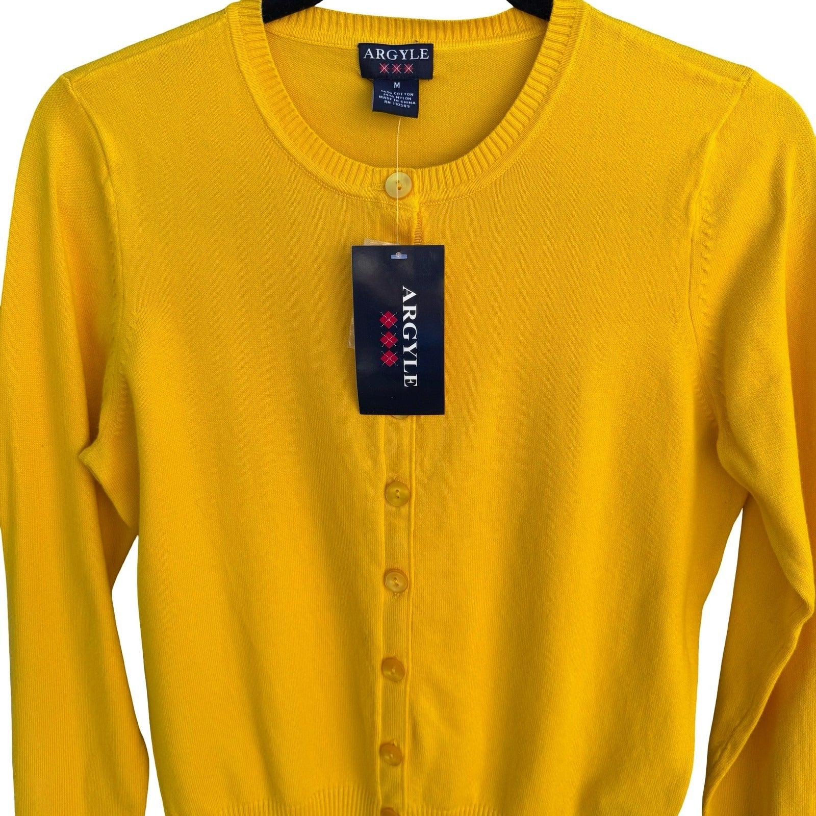Argyle Womens M Yellow Cotton Blend Button Front Cardigan Sweater New With Tags