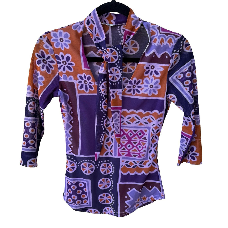 Sharagano Paris Y2K Mesh Psychedelic Floral Mod Geometric Tie Neck Babydoll Top