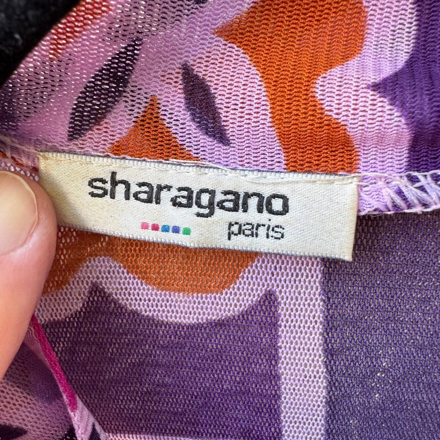 Sharagano Paris Y2K Mesh Psychedelic Floral Mod Geometric Tie Neck Babydoll Top