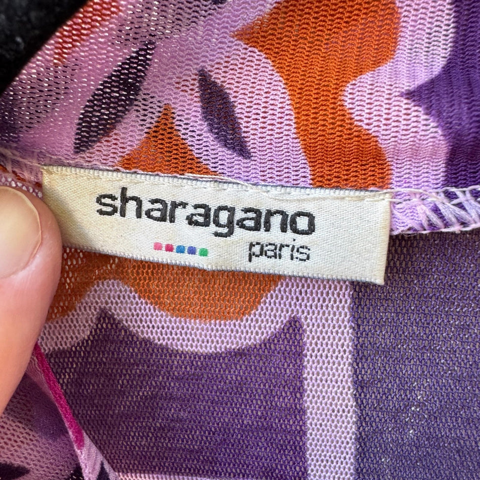 Sharagano Paris Y2K Mesh Psychedelic Floral Mod Geometric Tie Neck Babydoll Top