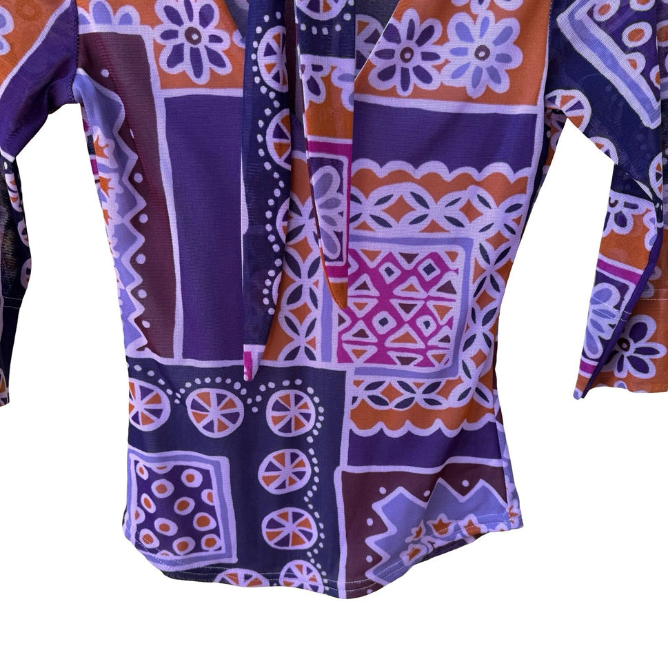 Sharagano Paris Y2K Mesh Psychedelic Floral Mod Geometric Tie Neck Babydoll Top