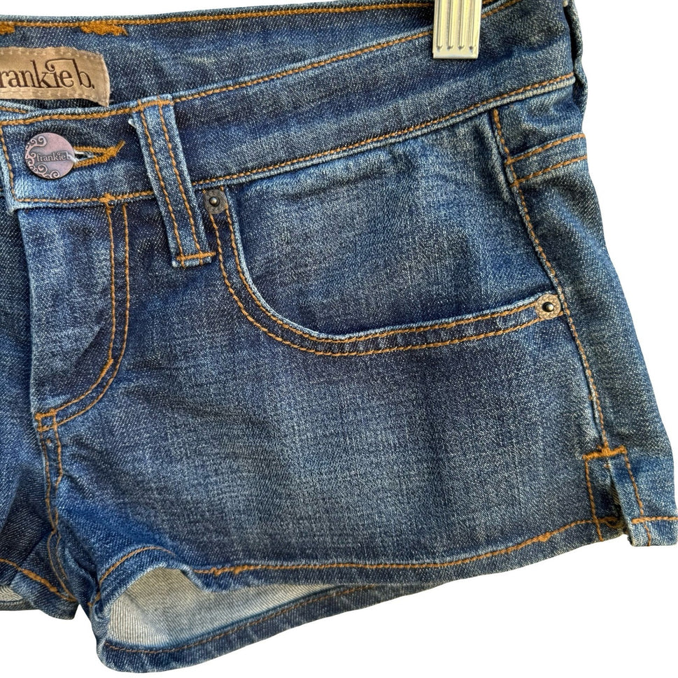 Frankie B Y2K Low Rise Denim Micro Shorts McBling Indie Sleaze Slit Hem Women 32