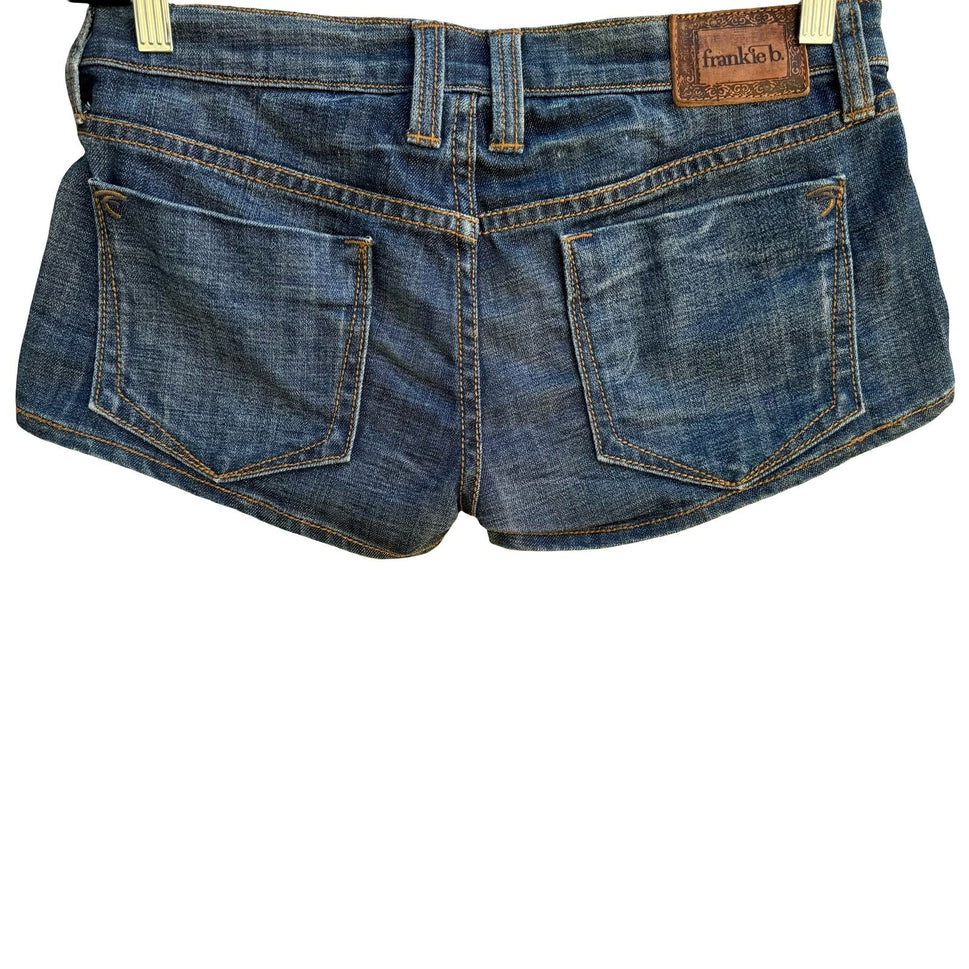 Frankie B Y2K Low Rise Denim Micro Shorts McBling Indie Sleaze Slit Hem Women 32