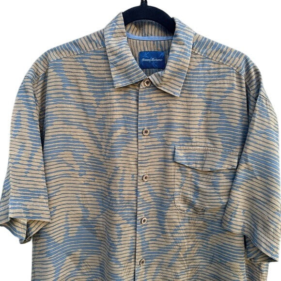 Tommy Bahama Mens XL Beige/Blue Striped Tropical Short-Sleeve Button-Up Shirt