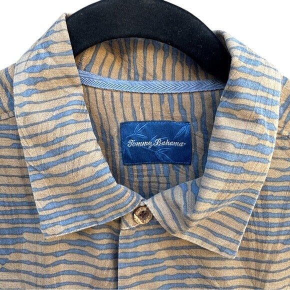 Tommy Bahama Mens XL Beige/Blue Striped Tropical Short-Sleeve Button-Up Shirt