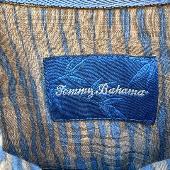 Tommy Bahama Mens XL Beige/Blue Striped Tropical Short-Sleeve Button-Up Shirt