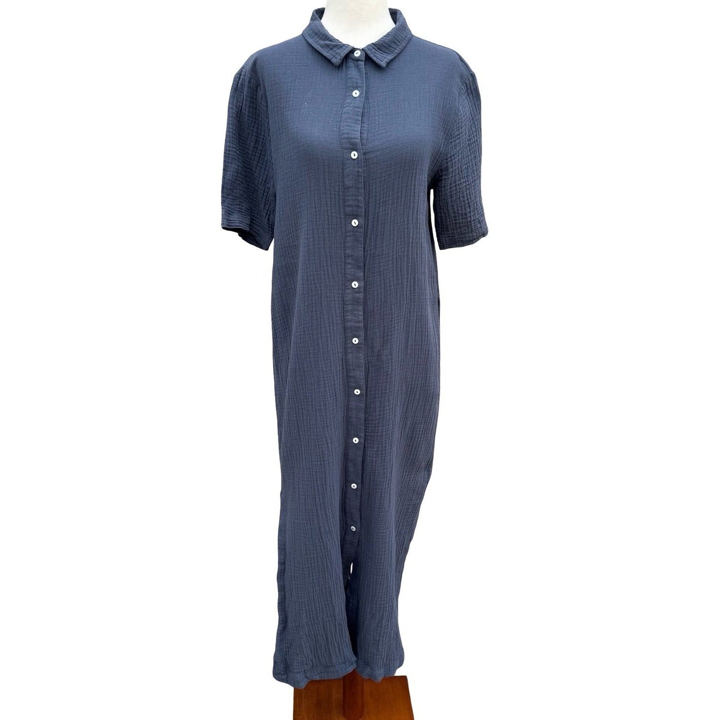 MOD REF Navy Double Gauze Cotton Button Down Coastal Maxi Shirt Dress M No Belt