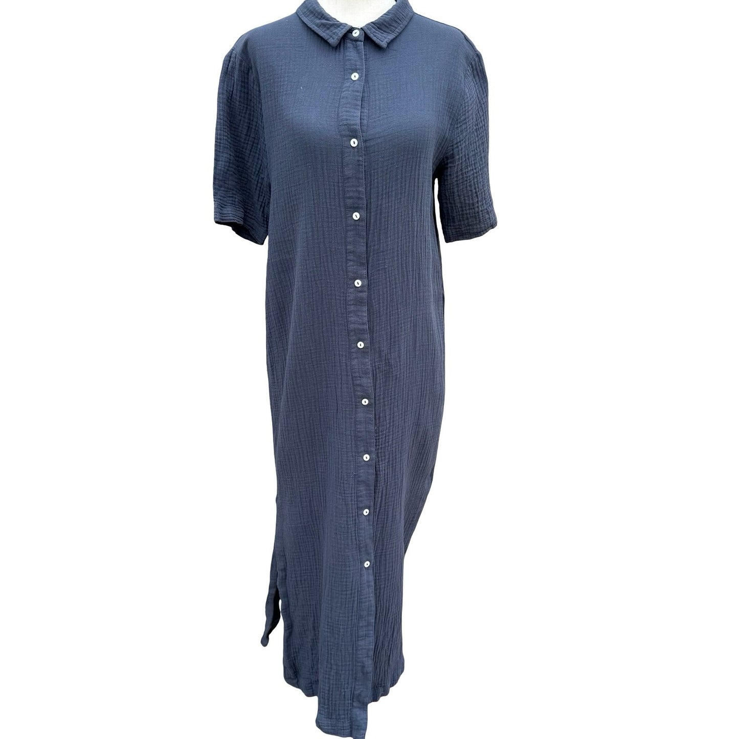 MOD REF Navy Double Gauze Cotton Button Down Coastal Maxi Shirt Dress M No Belt