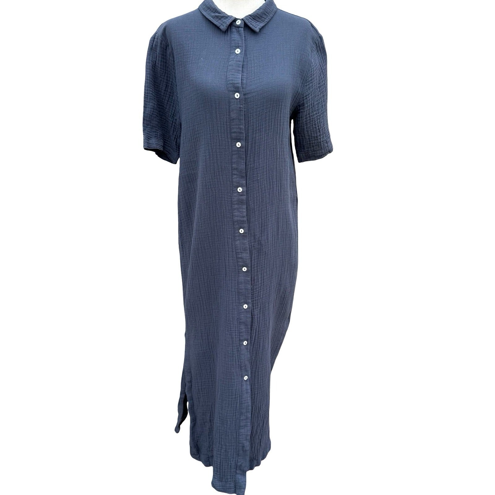MOD REF Navy Double Gauze Cotton Button Down Coastal Maxi Shirt Dress M No Belt