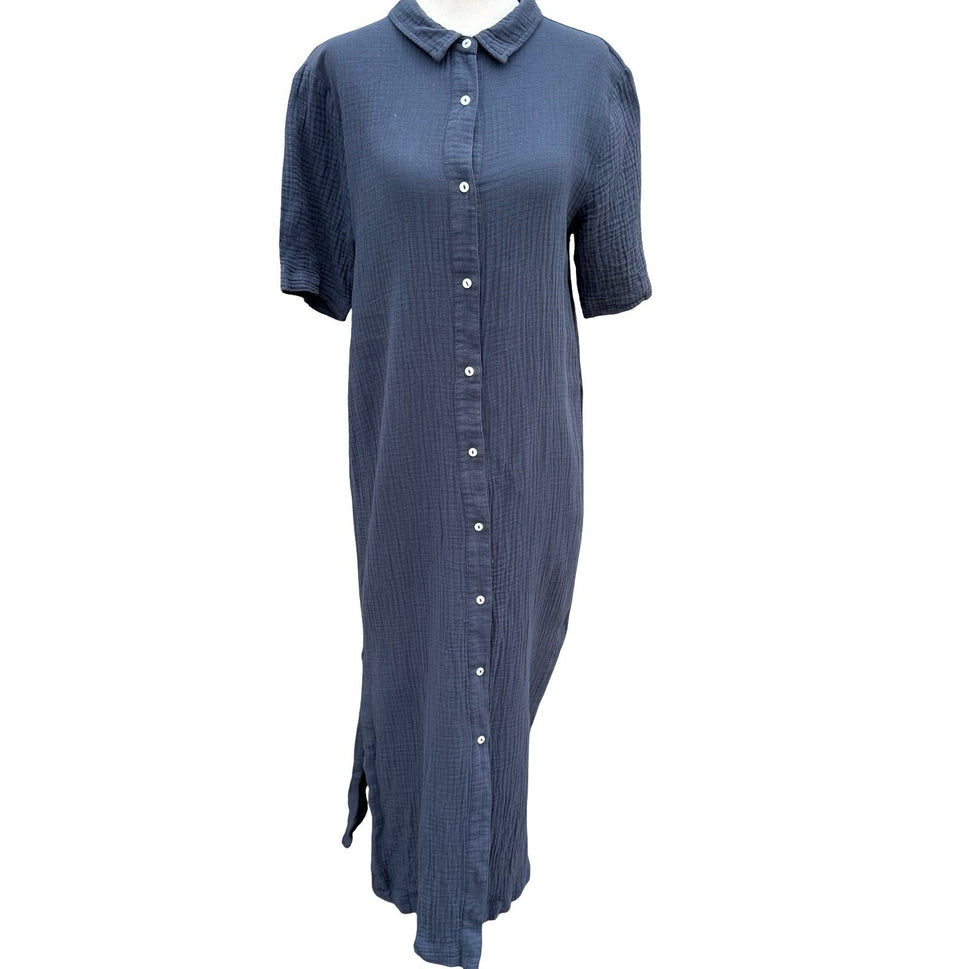 MOD REF Navy Double Gauze Cotton Button Down Coastal Maxi Shirt Dress M No Belt