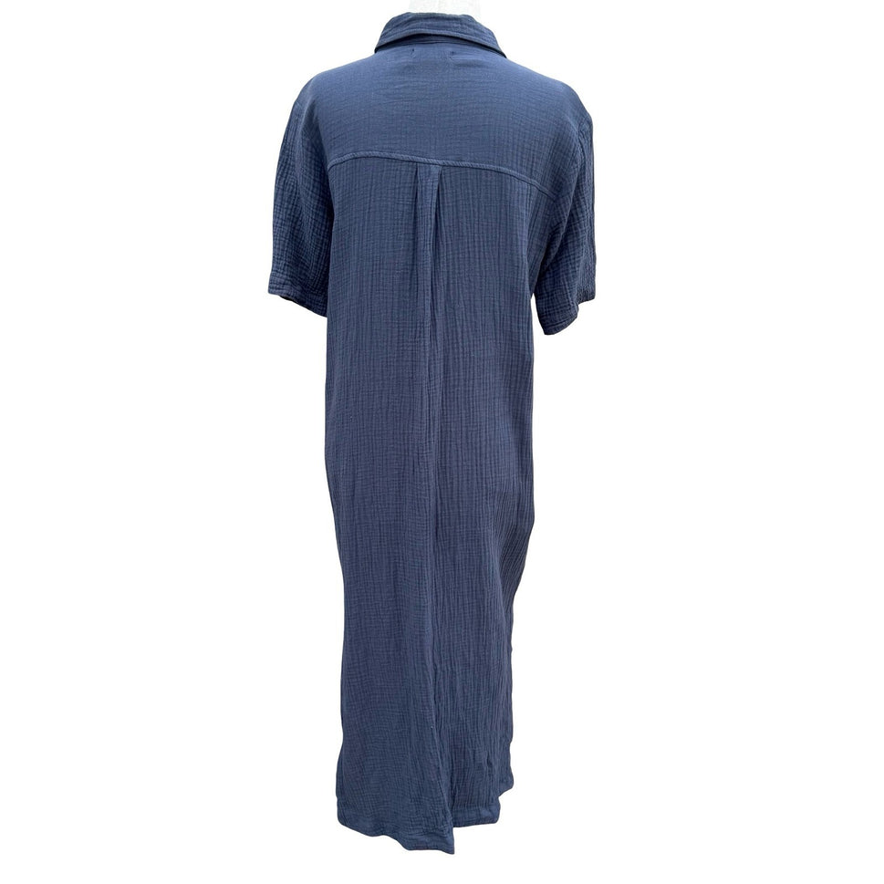 MOD REF Navy Double Gauze Cotton Button Down Coastal Maxi Shirt Dress M No Belt