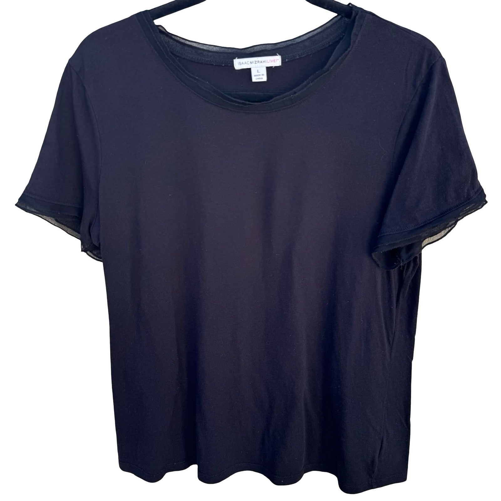 Isaac Mizrahi Live Womens Black Mesh Trim Short Sleeve Cotton Modal Top Large