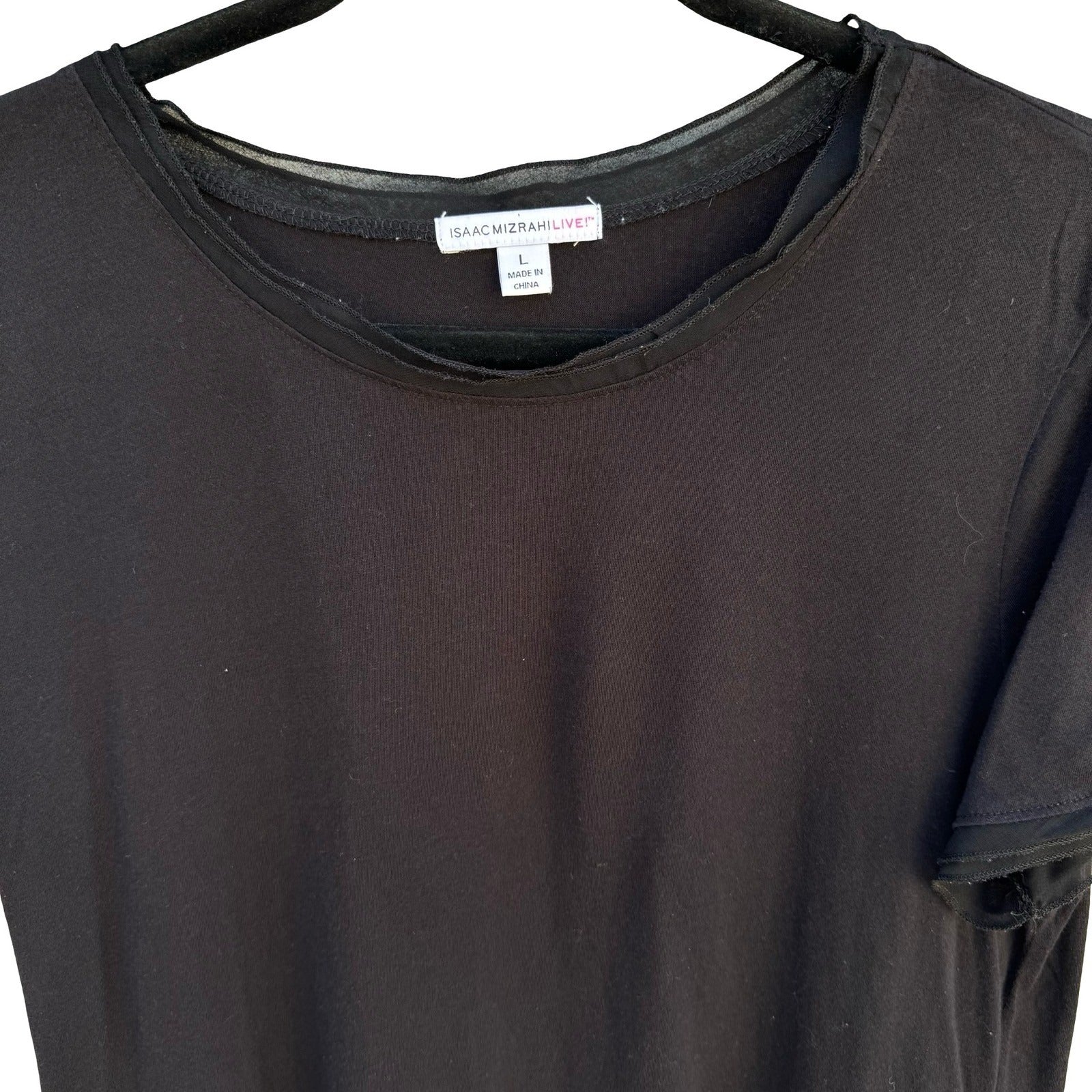 Isaac Mizrahi Live Womens Black Mesh Trim Short Sleeve Cotton Modal Top Large