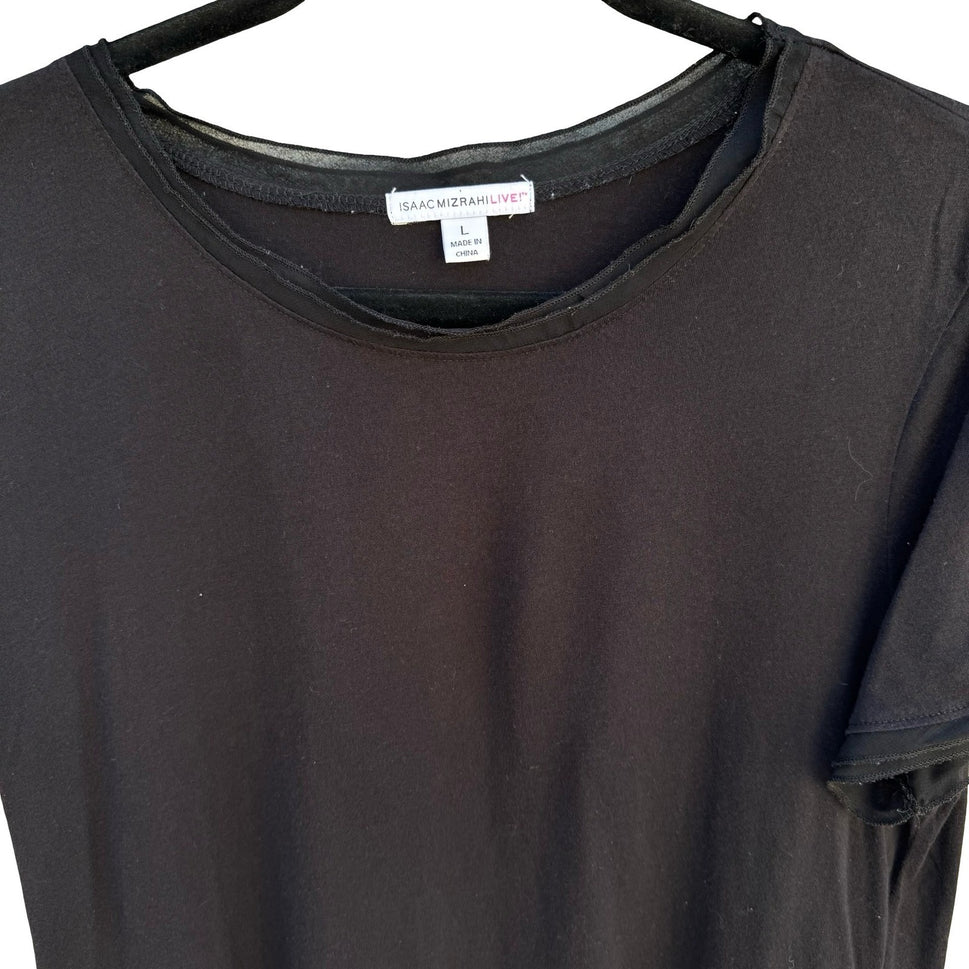 Isaac Mizrahi Live Womens Black Mesh Trim Short Sleeve Cotton Modal Top Large