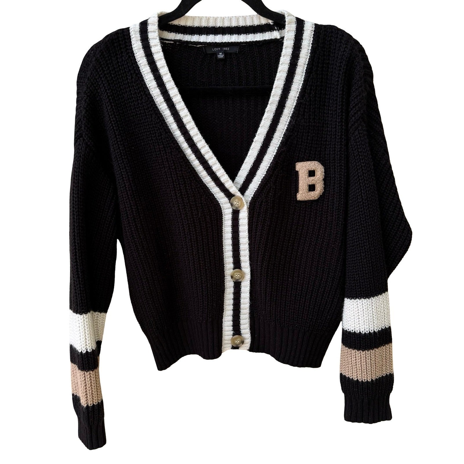 Love Tree Varsity Cardigan Sweater Collegiate Chenille Patch Striped Preppy M