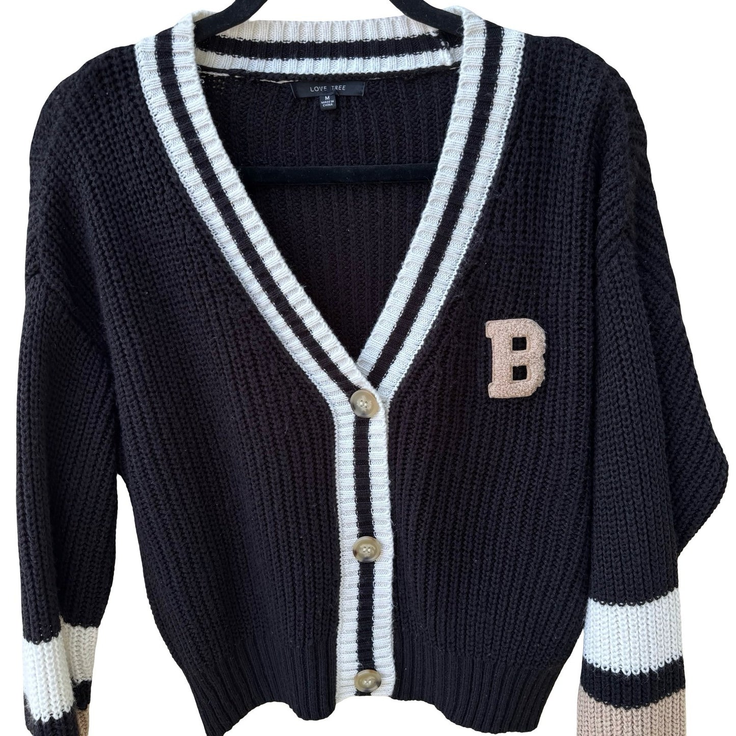 Love Tree Varsity Cardigan Sweater Collegiate Chenille Patch Striped Preppy M